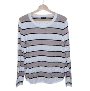 Stitch Fix Lety & Me | White Tan Black Giada Pointelle Detail Striped Sweater